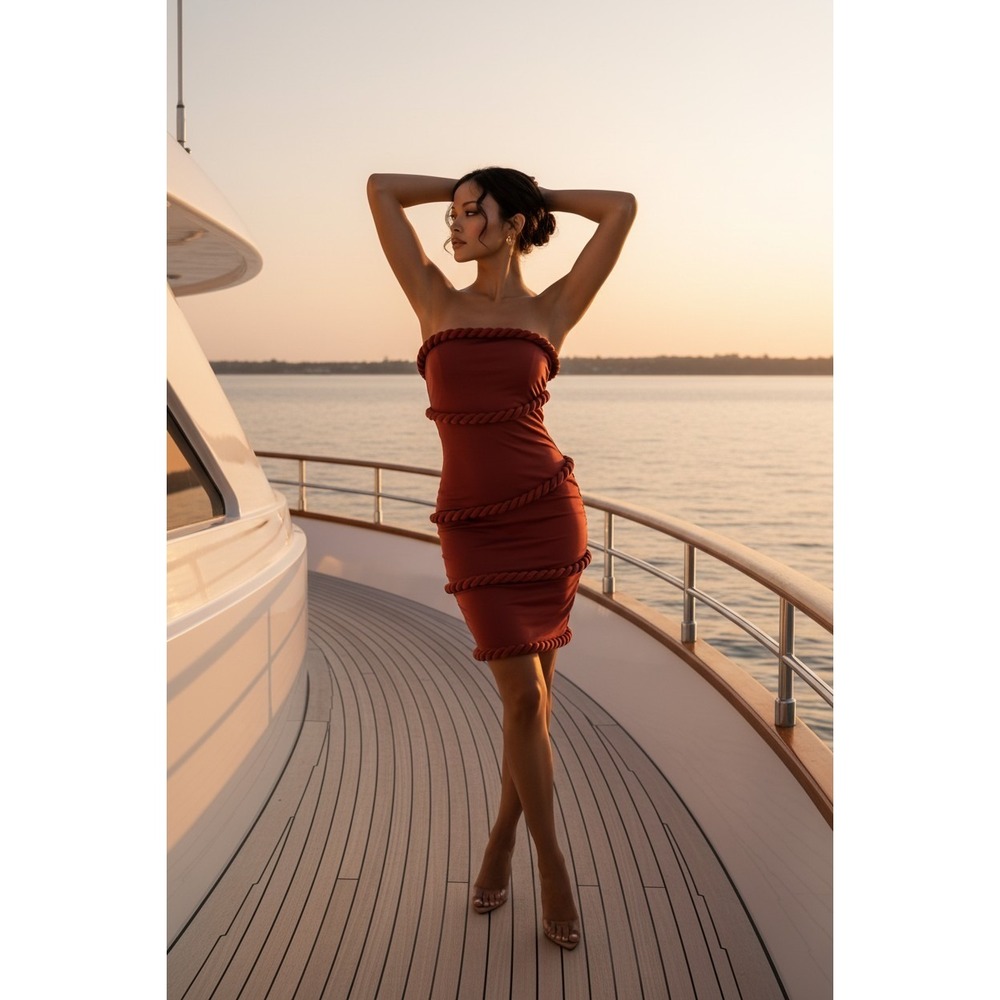 Rope-Trim Strapless Bodycon Mini Dress Vacation Dark Red Rust Orange Size Small
